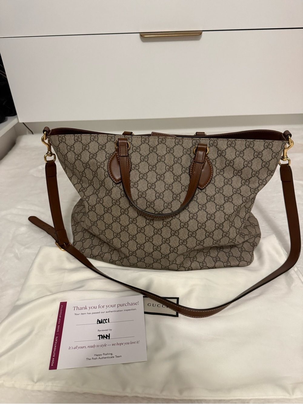 Gucci Beige GG Supreme Canvas Brown Leather Tote with Strap
